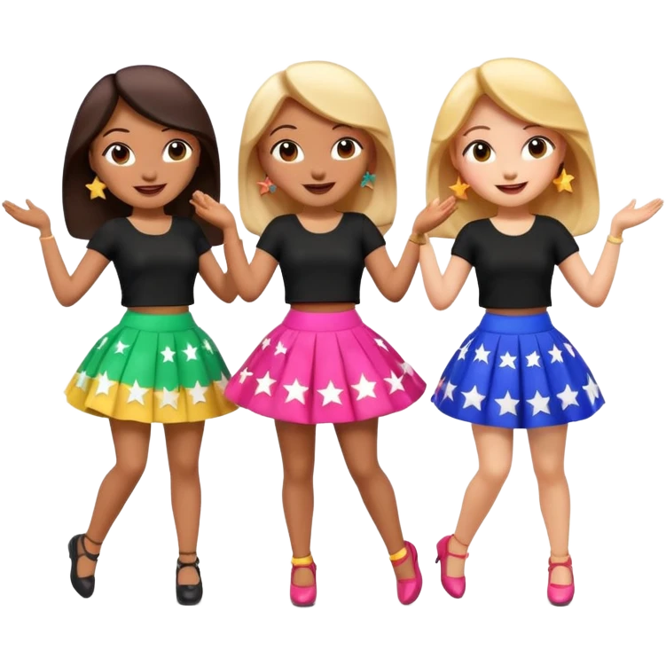 Three 3D cartoon women dancing in colorful skirts and black tops with stars, cheerful expressions, bright background, Memoji-style rendering. emoji
