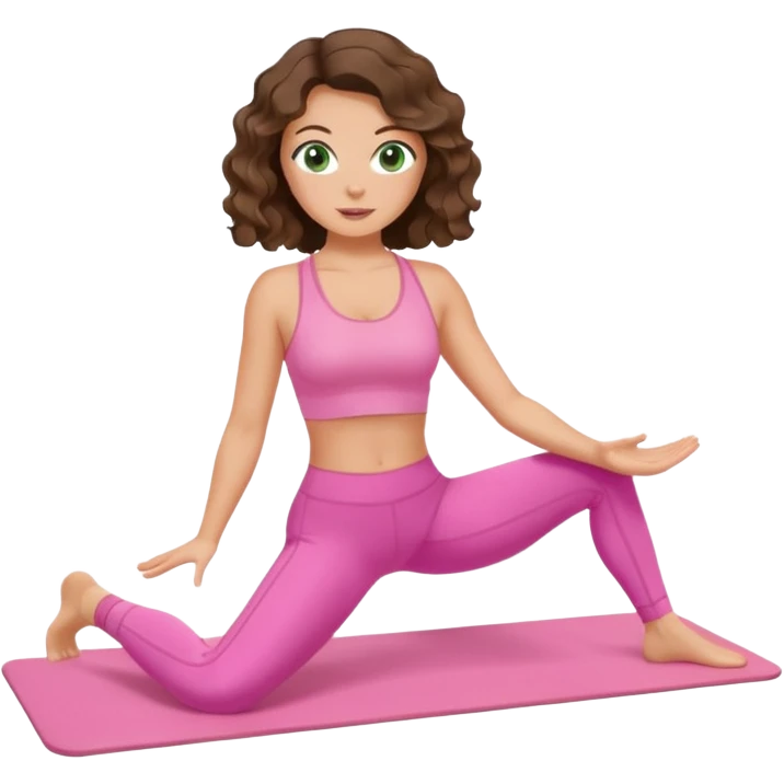 White, green-eyed, brunette cute feminine lady emoji with wavy hair doing pilates wearing pink pilates fit emoji