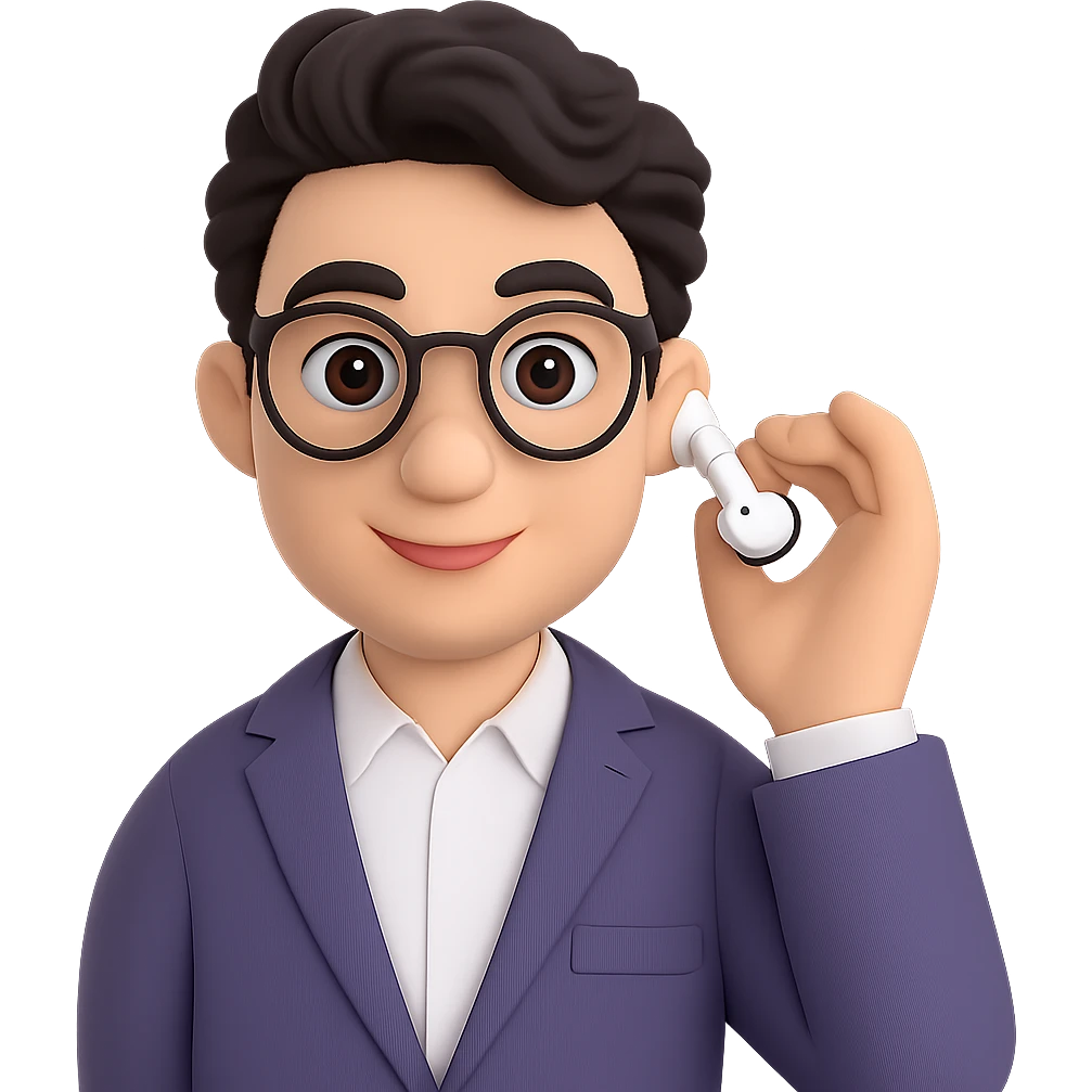 Change to a wavy hairstyle, keeping the Memoji-style 3D cartoon look. Maintain all other features and accessories the same, with a smart casual podcast host vibe. No background. emoji