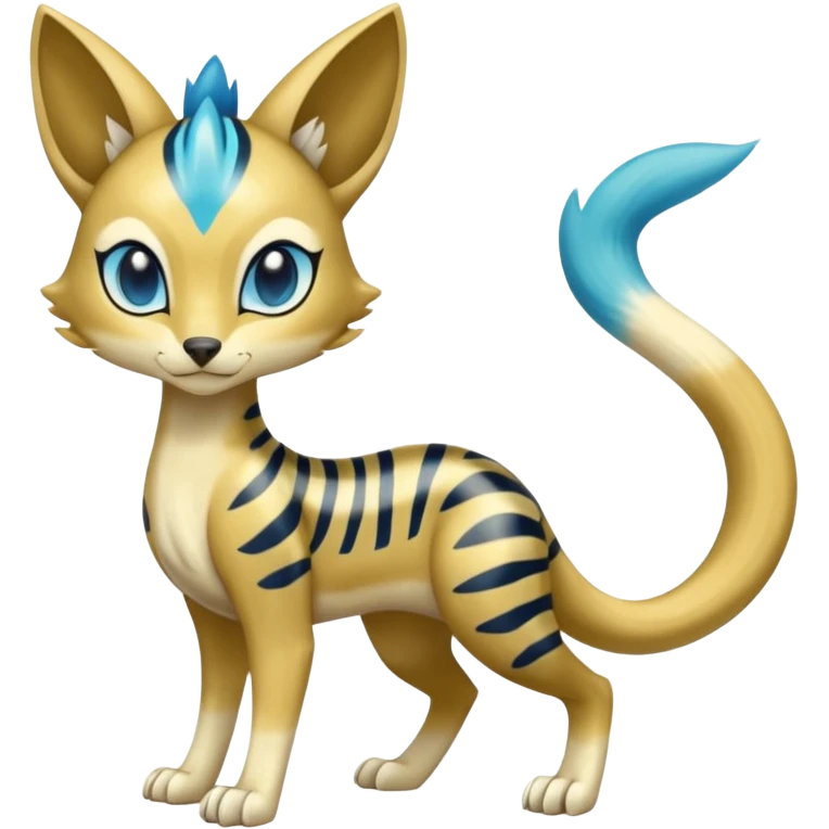 Colorful Golden-gradients Shiny smooth glossy soft elegant Meloetta-Sergal-Genet-Pokémon-Digimon-Fakémon-fusion-hybrid-creature with Cyan stripes and blue leopard-spot-markings  emoji