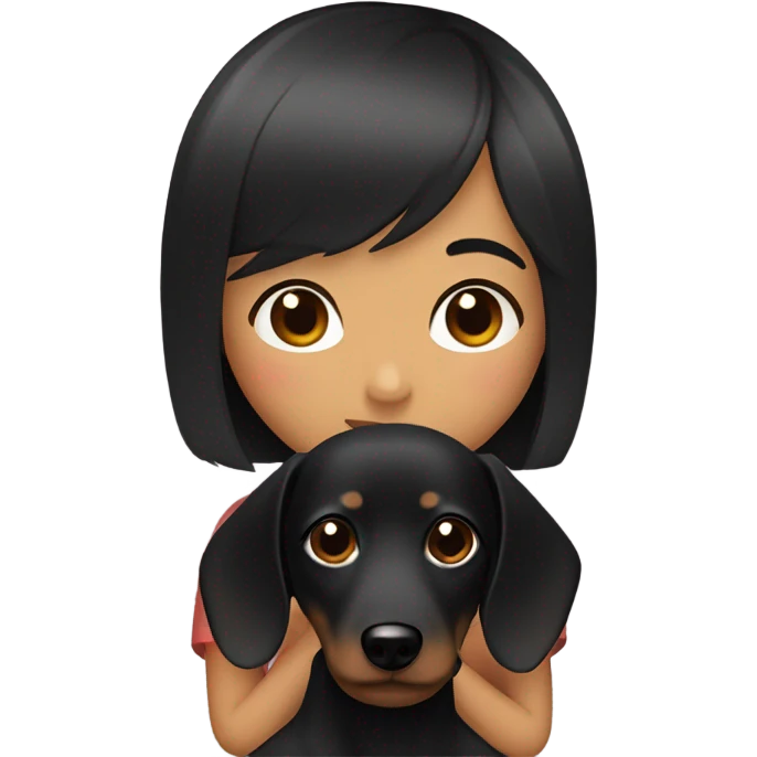 Asian woman with black bob bangs hugging black dachshund emoji