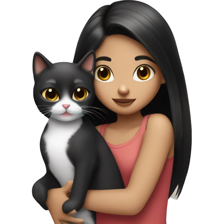 girl with straight black hair cuddling black and white cat with tongue out emoji