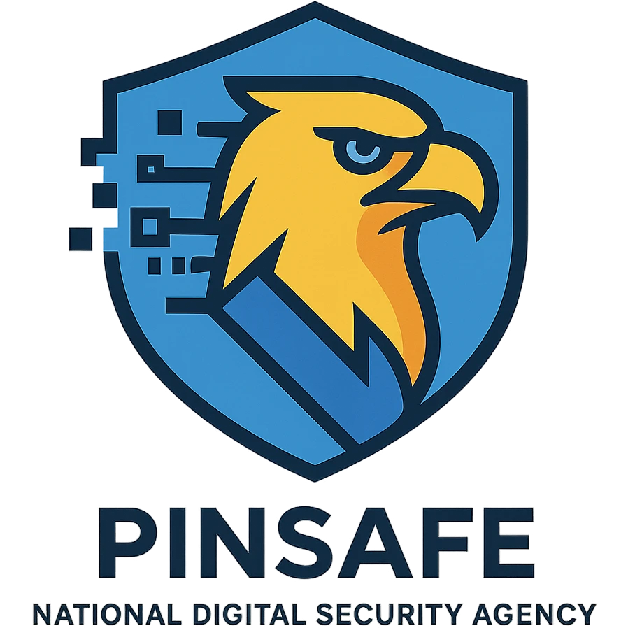 abstract eagle head logo for Pinsafe national digital security agency, digital pixel and data stream effects, shield outline, professional authoritative look emoji