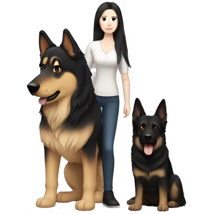 pale skin woman with long black hair standing by a german shepherd  emoji