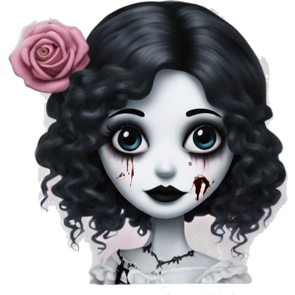 PINK LANDSCAPE PICTURE WITH FRAME: full height, tim burton "corpse bride", porcelain doll with a cracked face, goth makeup watery eyes, long hair, lace and ruffles, lolita style, inked, black and white, red roses emoji