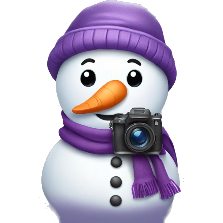 cute snowman with a purple hat and purple scarf holding a camera  emoji