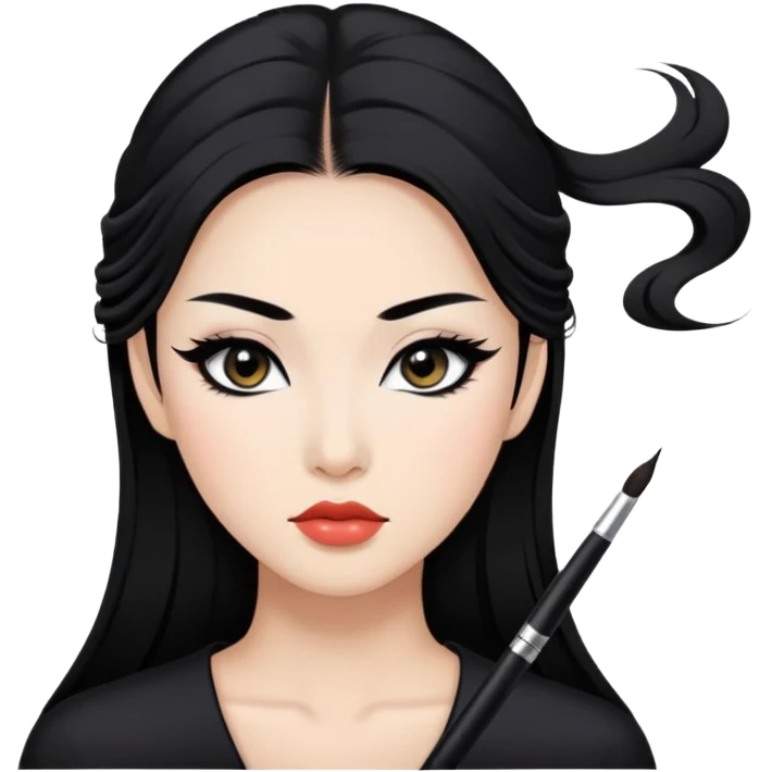 black hair, black eyes, asian baddie,pretty makeup, strong makeup, black eyeliner, long hair emoji