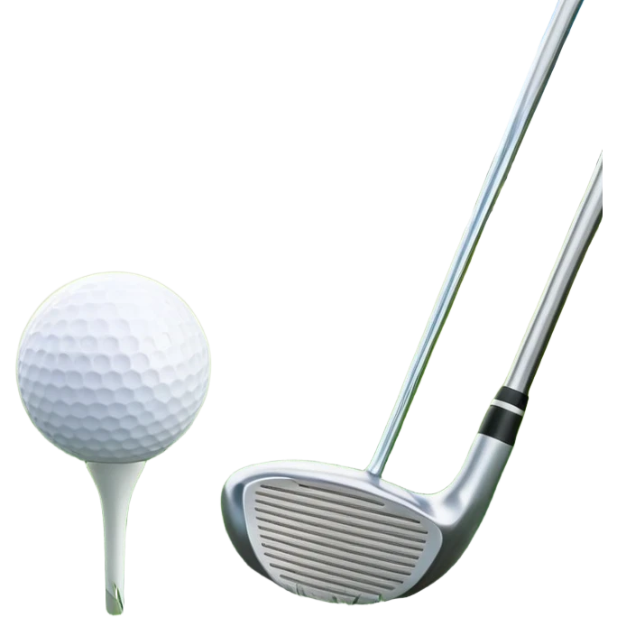 A golf ball on a tee, with a golf club placed beside it on the lush green fairway. The background shows a serene golf course with neatly trimmed grass and a clear blue sky, emphasizing the elegance and precision of the game. emoji