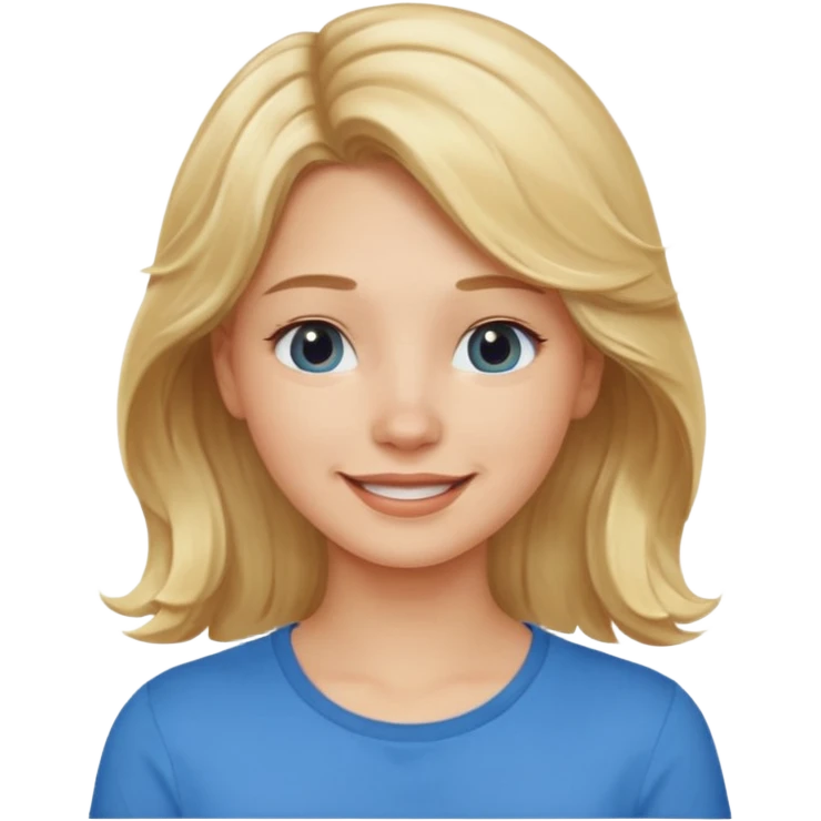 Happy blond girl with light weavy hair with a blue shirt but we can see only her face and neck and the top of the t shirt, no whole body emoji