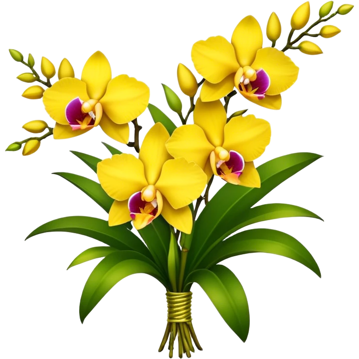 big bouquet yellow Dendrobium Orchid, stem, leaf emoji