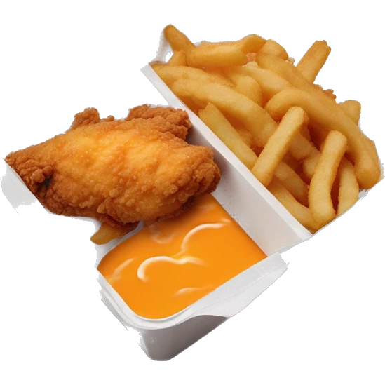 3 chicken tenders with crinkle fries and orange sauce on the side in a styrofoam container styrofoam container emoji