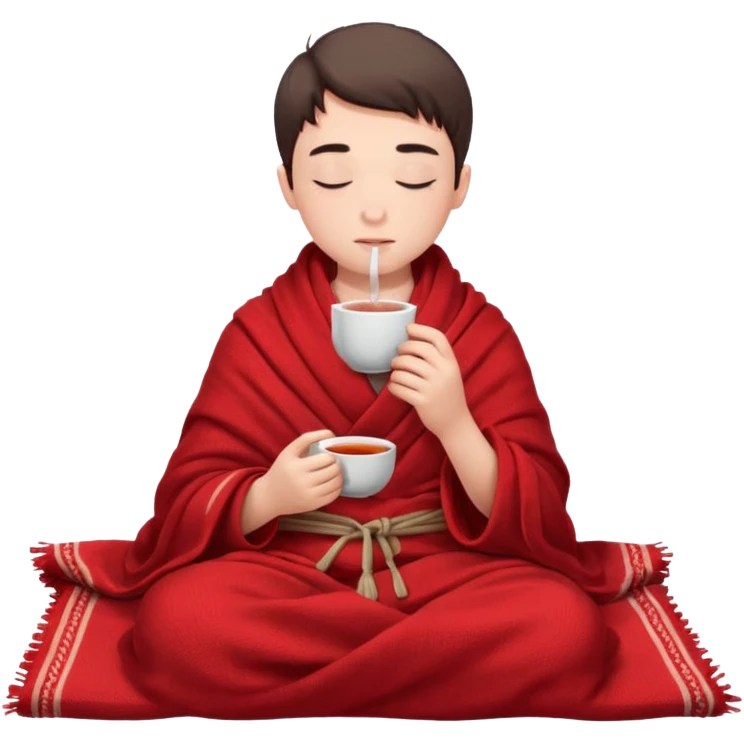 A European boy is sitting wrapped in a red blanket, drinking tea with his eyes closed. emoji
