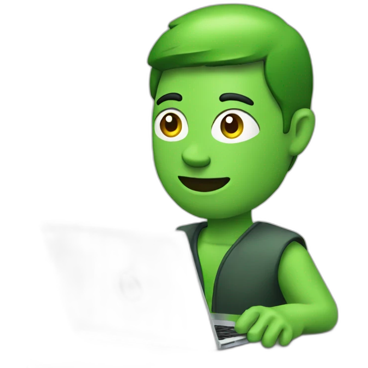 man, with a laptop, green stone logo on the laptop emoji