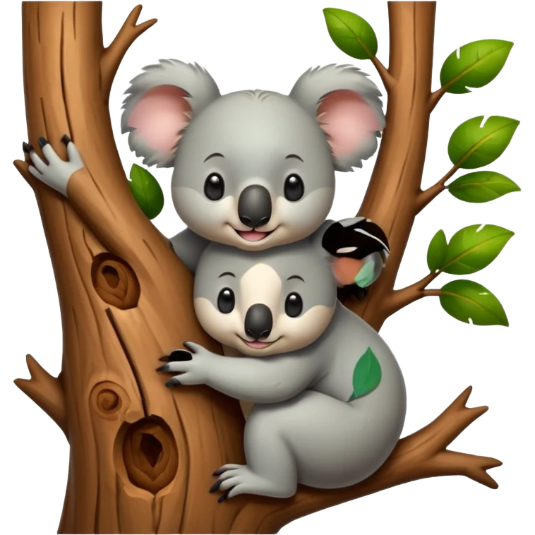 Koala and tree character hugging each other, add a face to the tree emoji