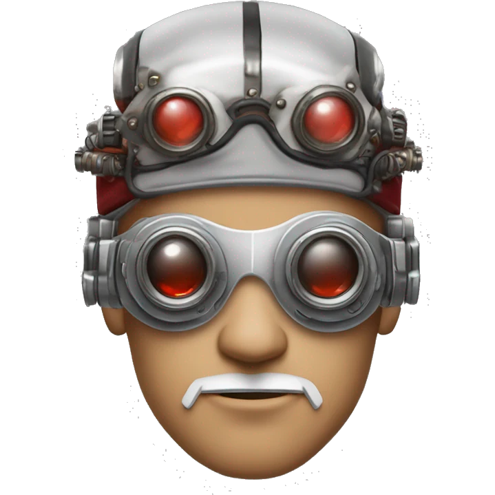 Red skin and white goatee male cyborg head with silver steampunk goggles emoji