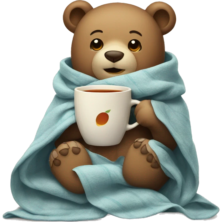 A cute bear wrapped in a blanket with a cup of tea in his hand. emoji
