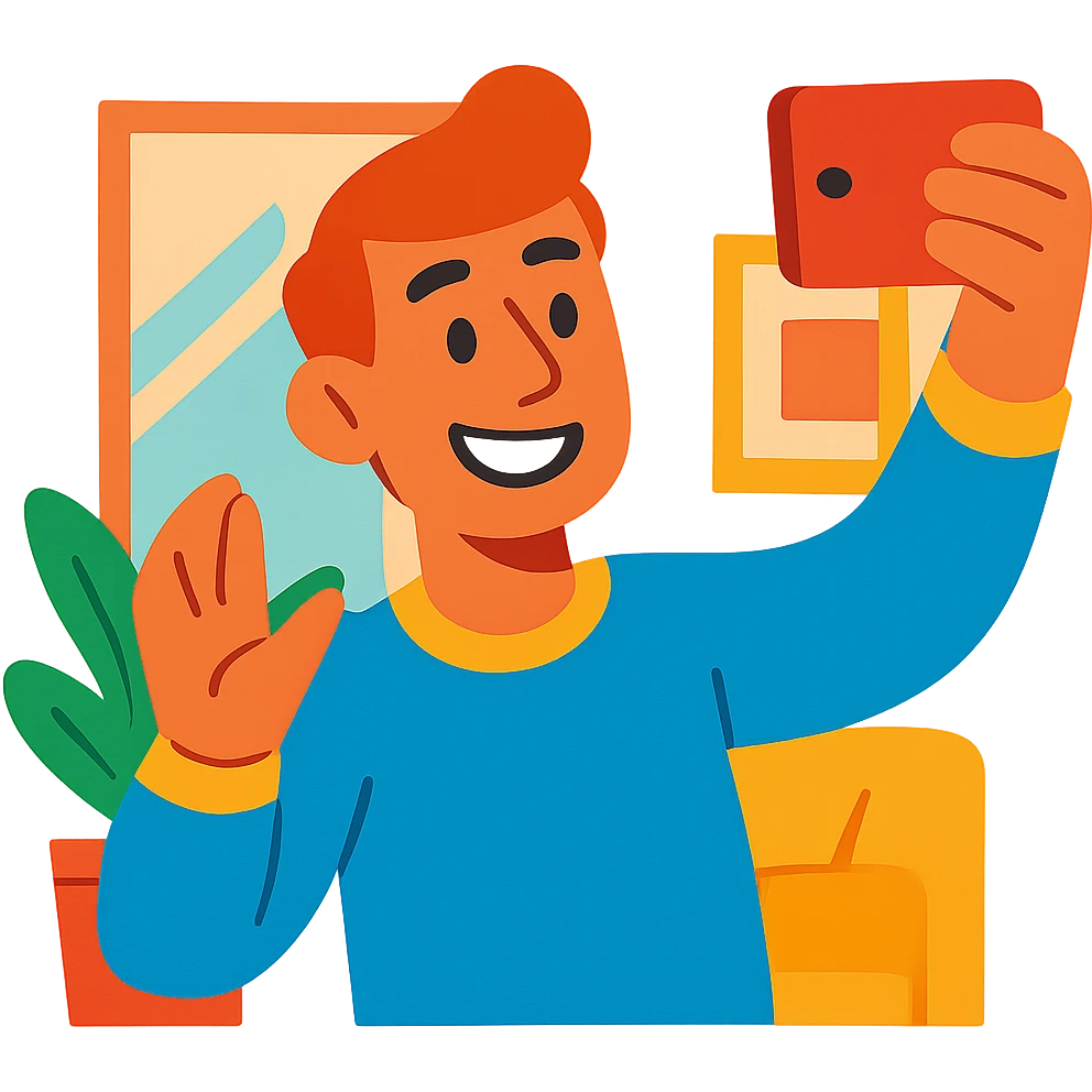 smiling guy taking a selfie indoors, vibrant and friendly style emoji
