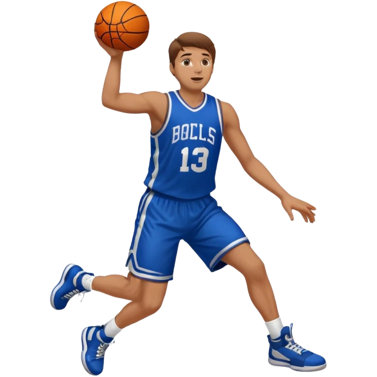 A white man with brown hair with a basketball, doing a layup emoji