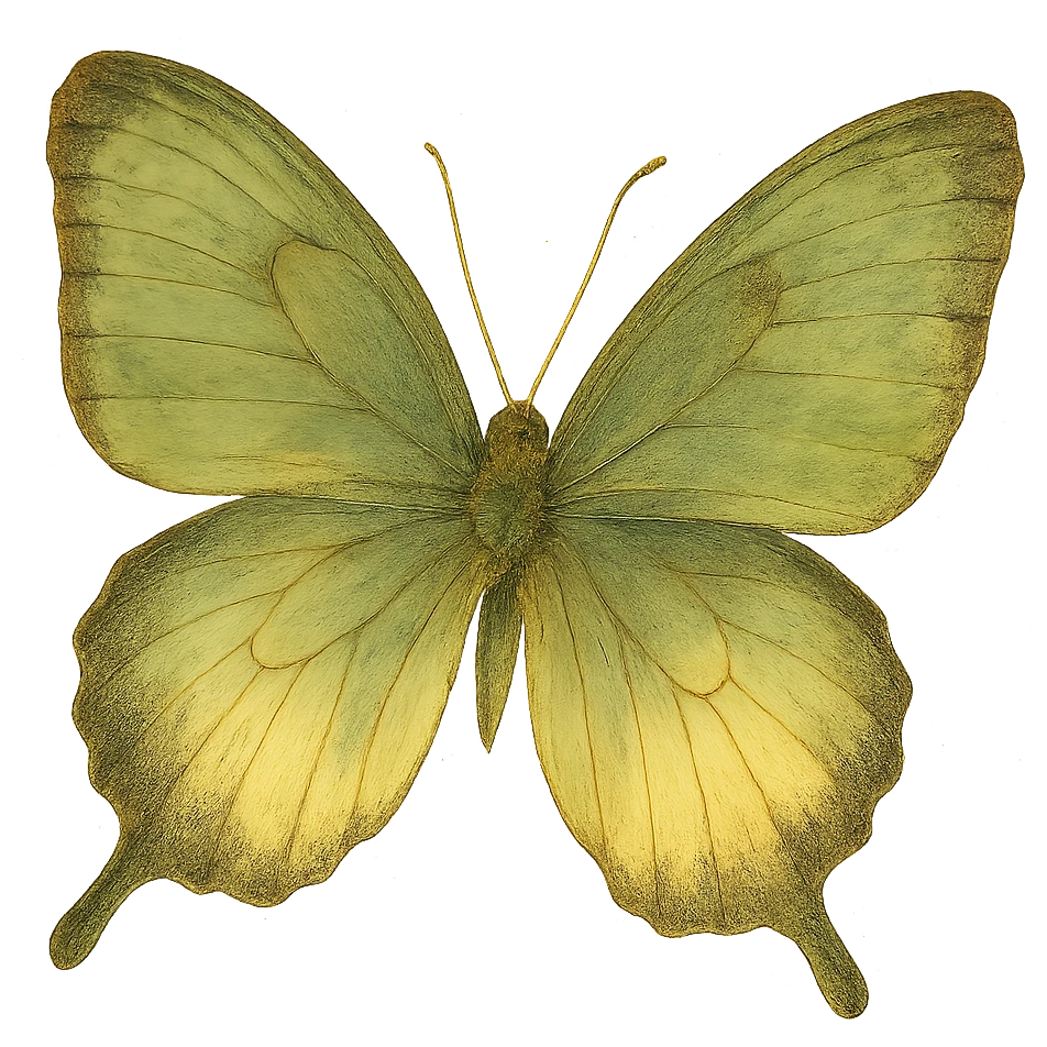 realistic whimsical green, brown and cream butterfly, natural colors, soft, fairy-like atmosphere, no background, square size emoji