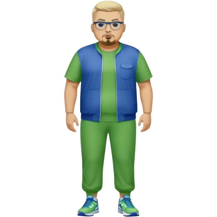 Full Body white male plus size wearing glasses with a goatee with light blonde and gray very short hair angry head Coach in blue and green Nike jump suit emoji