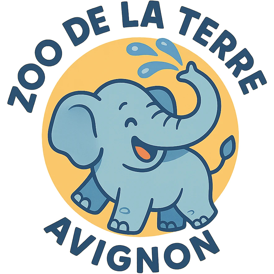 Logo avce un éléphant qui projette de l'eau avec au tour ( en rond ) écris : zoo de la terre avignon  emoji