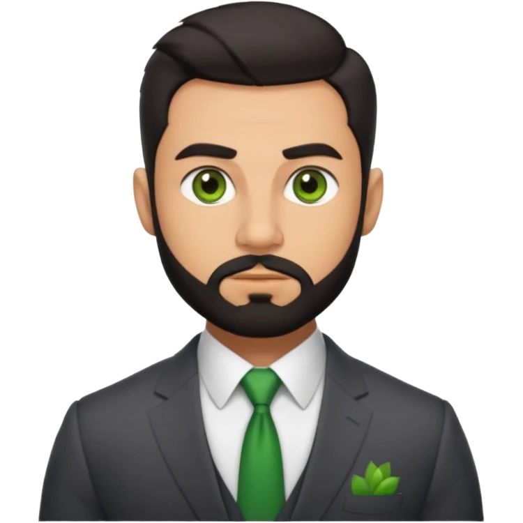 green eyes, dark short hair, muscular shoulders, big lips big nose big eyes, masculine good looking, dark beard wearing a suit buttons of the shirt open and olive skin tone  emoji