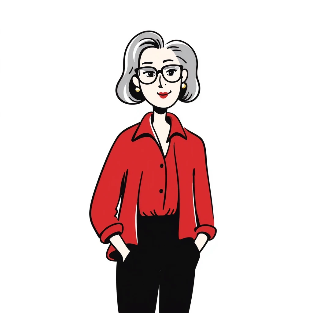 Sophisticated senior woman in her 70s with radiant complexion, elegant silver-gray bob haircut, hazel eyes, defined cheekbones, wearing vibrant red lipstick and a structured red blouse emoji