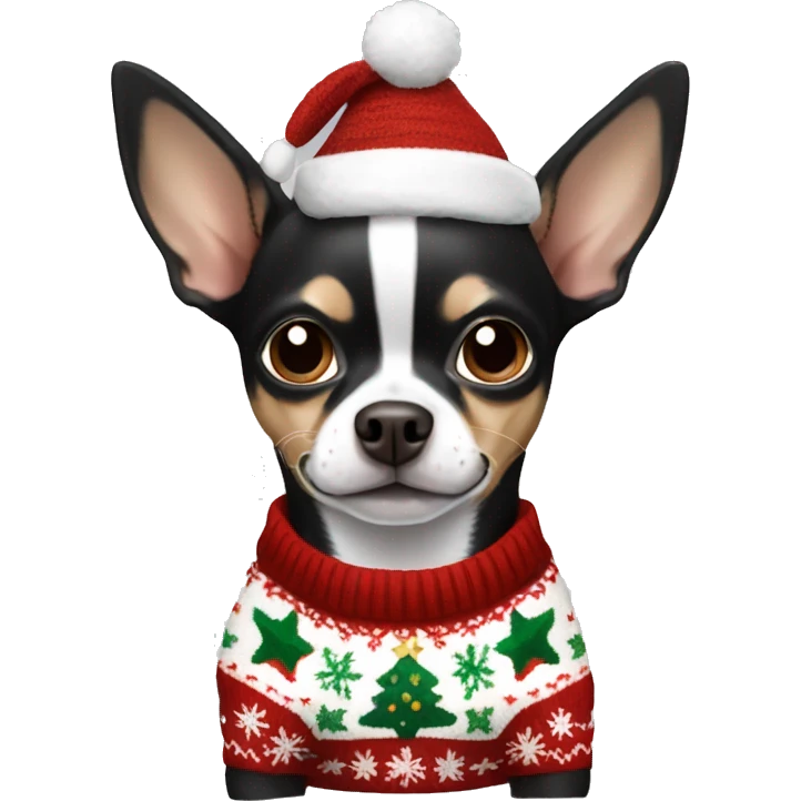 Black, white and brown chihuahua with Christmas sweater emoji