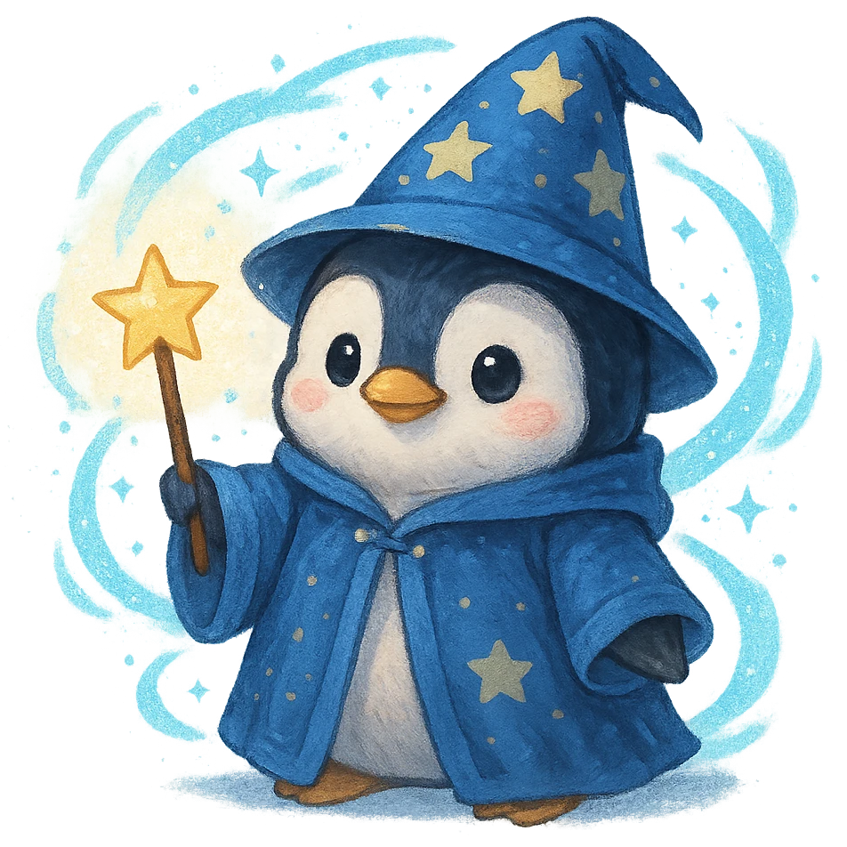 cute penguin wizard with a star-tipped wand, blue robe, magical aura emoji