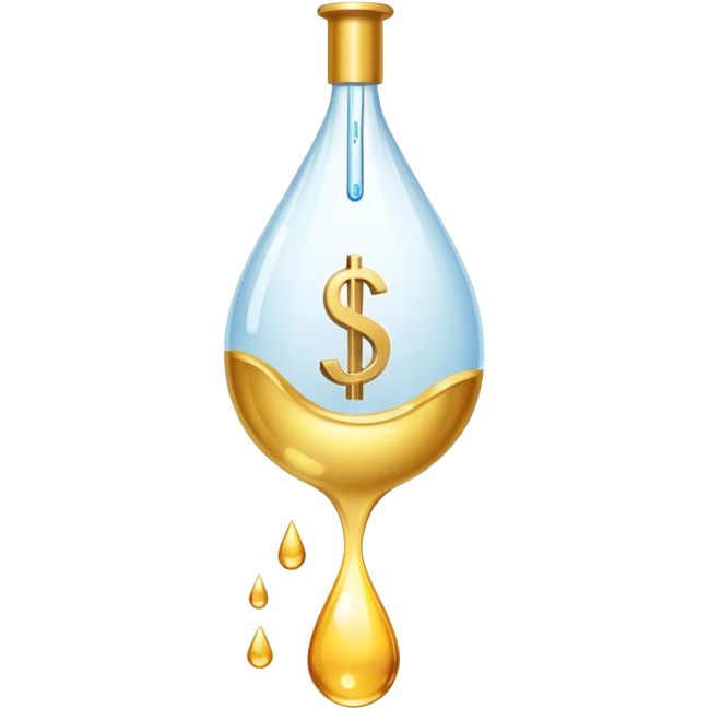 pipette above a shiny gold droplet, dollar sign visible inside the drop emoji