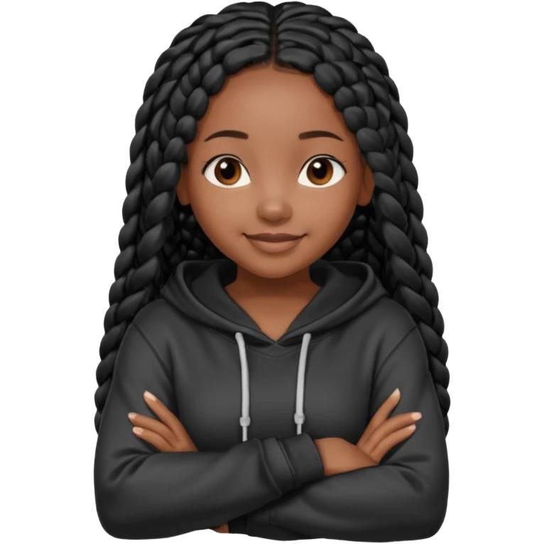 African American dark skin girl with long black box braids wearing a plain black hoodie  with arms folded across chest emoji