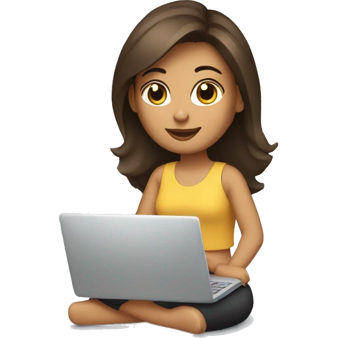 a young brunette woman sitting cross-legged with her laptop on her lap emoji