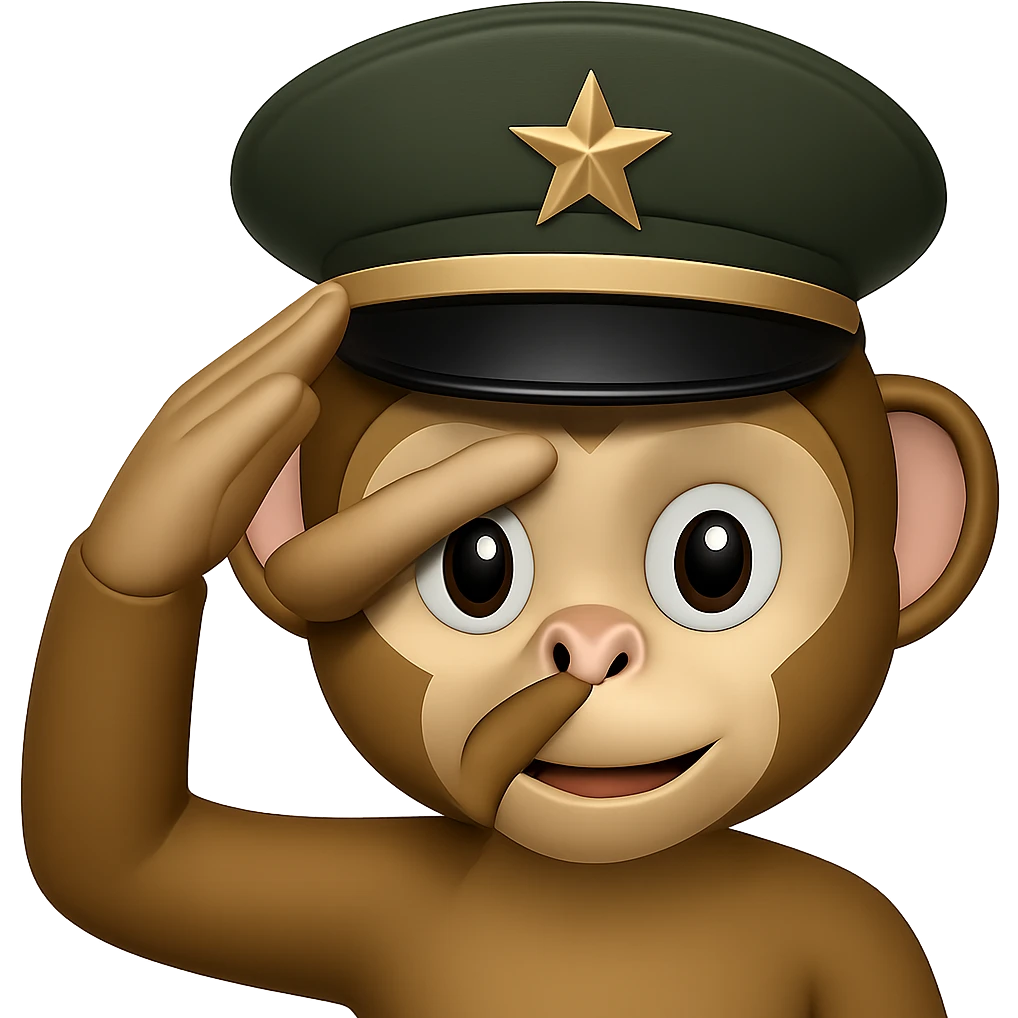 Add a classic military hat to the monkey face with paw raised in a salute in emoji style with transparent background. emoji