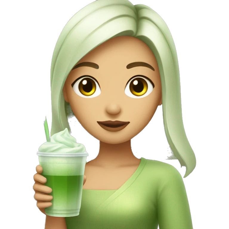 Pretty girl holding a glass cup of iced matcha  emoji
