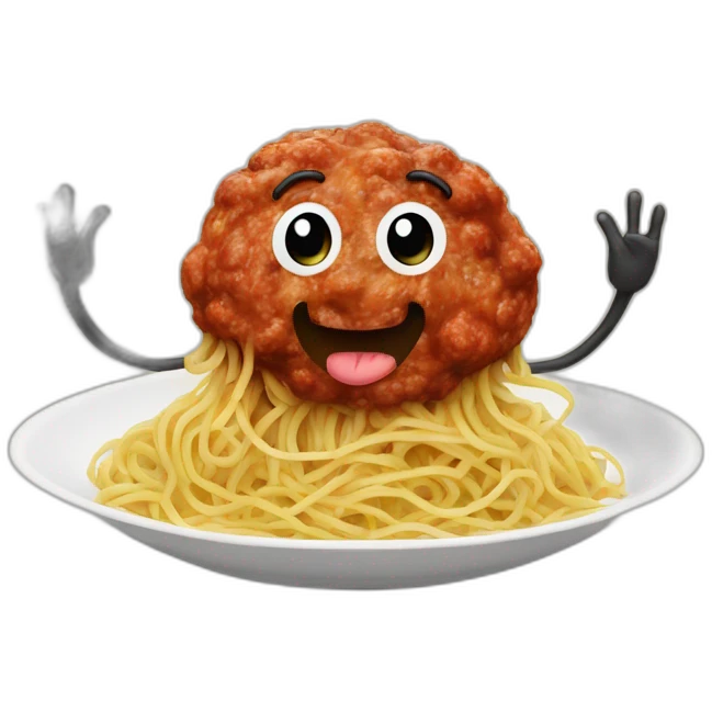 Spaghetti and meatballs with a face, arms and legs, doing something random emoji