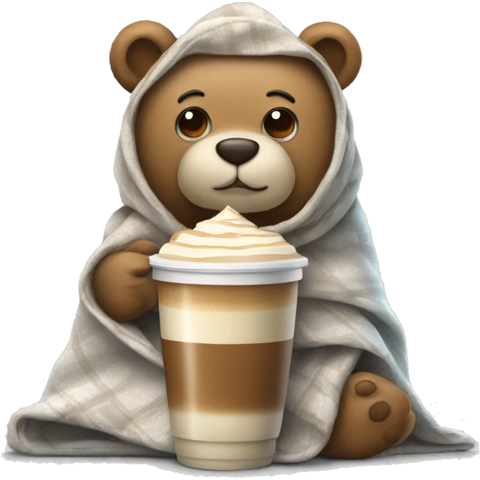 Frappes in a blanket Bear holding a cup of warm latte  emoji