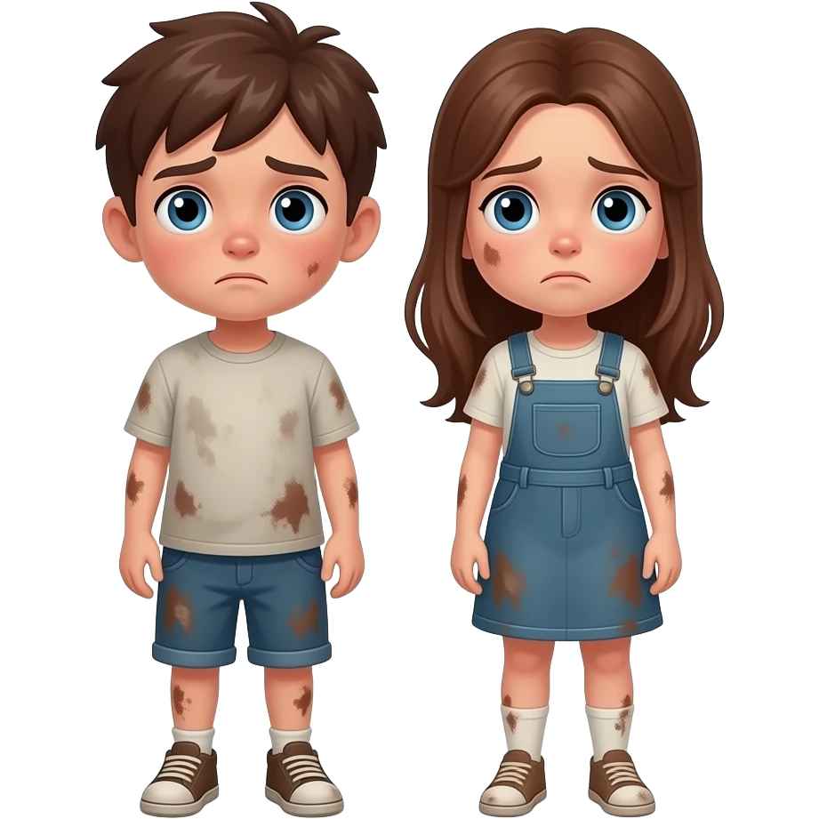 chico y chica son hermanos,se estan preguntando asustados donde estan, el chico castanyo i con pelo corto y la chica pelo suelto y color avellana y los dos tienen ojos azules son hermanos estan depie se les ve los pies su ropa esta manchada el niño es bajo emoji
