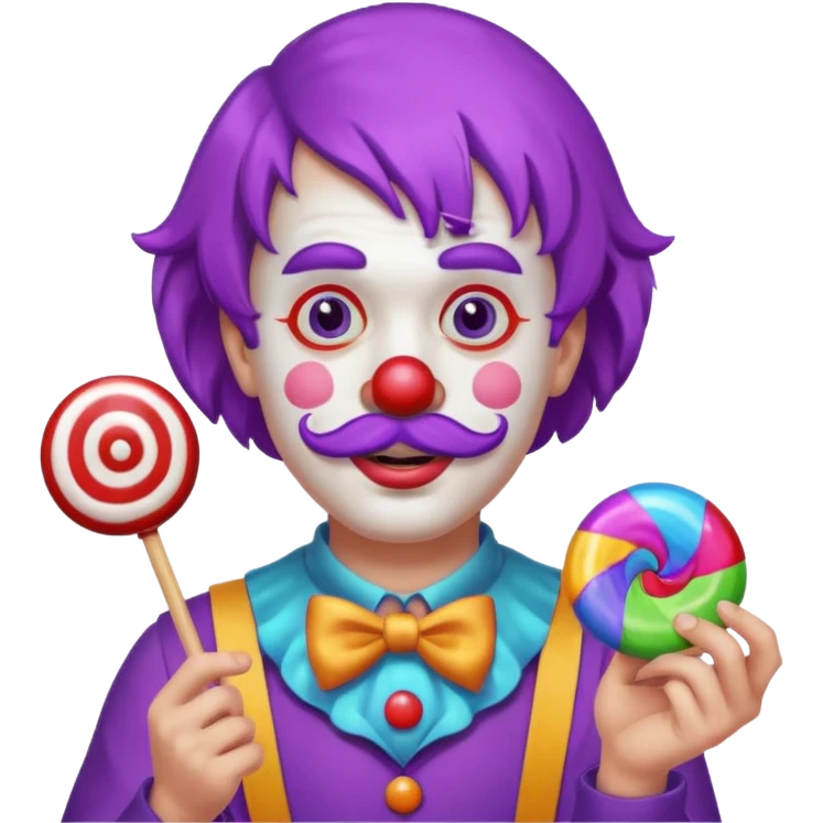 Funny clown — purple wig, mustache, candy in hand emoji