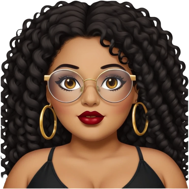 big plus size, latina, darker tan skin, gold hoops, long black curly hair, baddie,pretty, makeup, dark red lipgloss, black eyeliner, long hair, black top, black glasses emoji