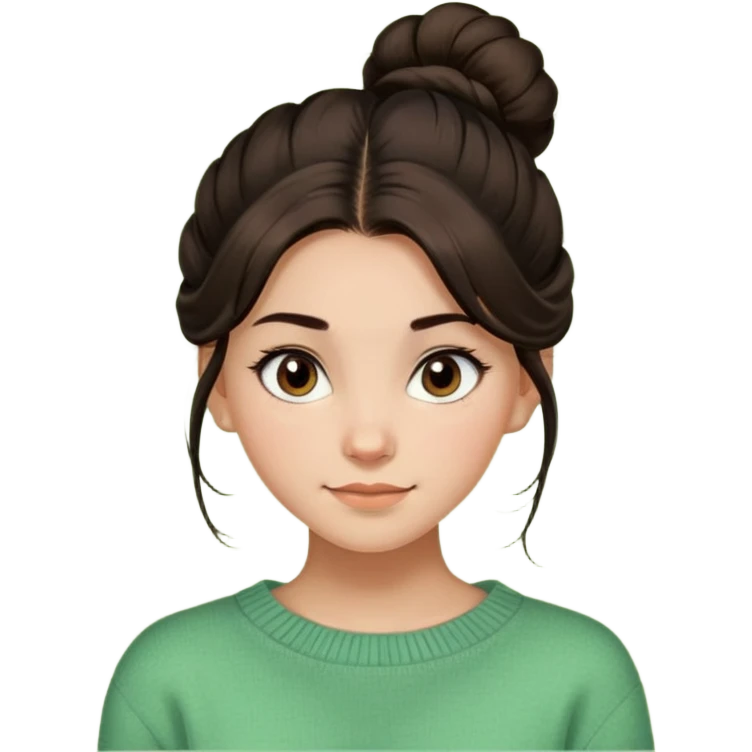 a girl with long dark brown hair with high disheveled bun in light green sweater, a slight smile, brown eyes emoji