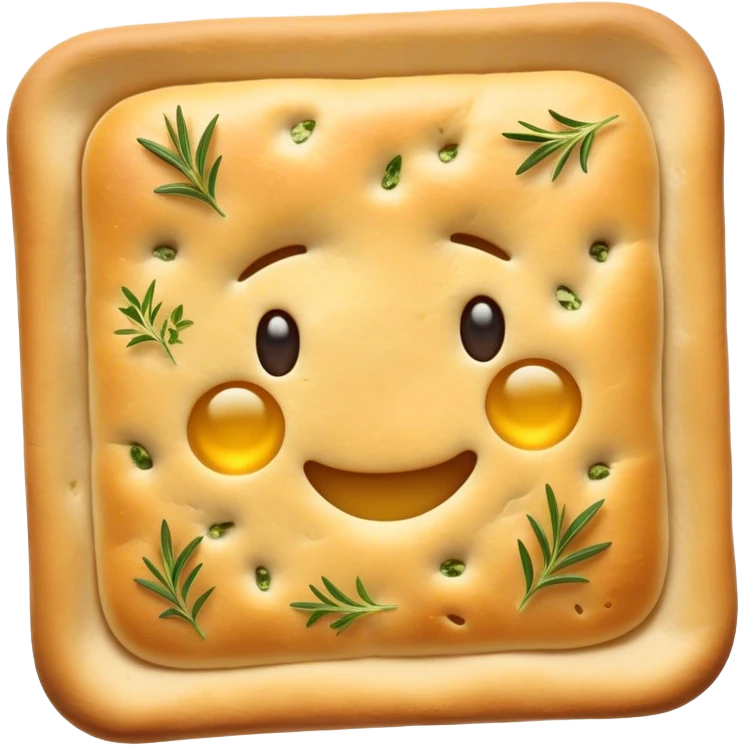 Cinematic Realistic Focaccia Bread Dish Emoji, depicted as a golden, olive oil brushed flatbread sprinkled with herbs rendered with lifelike texture and soft, appetizing lighting. emoji