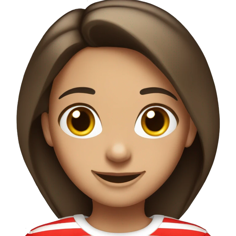 Portrait of an adult girl, tanned skin, dark long straight brown hair, dark eyes, smiling, wearing a white long sleeve with red horizontal stripes. emoji