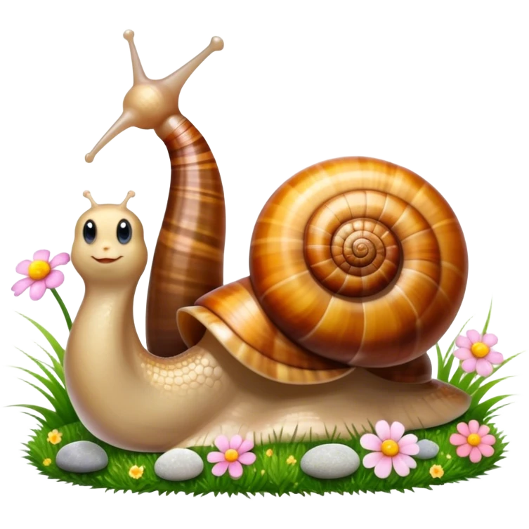 Close-up of large home snails inside a terrarium, showcasing their soft, spiral shells and glistening bodies, with a gentle light highlighting their details. With stones and grass and flowers. Transparent background. emoji