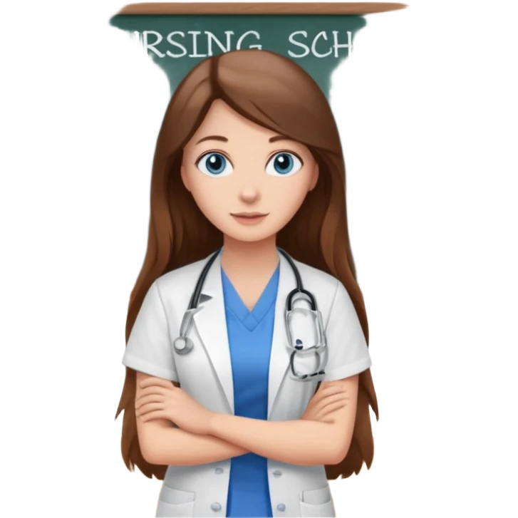 university classroom that says nursing school on the board with a pretty female nursing student with long brown hair, blue eyes emoji