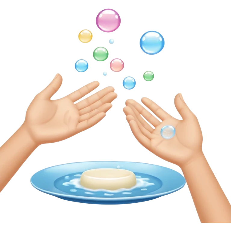 hands under running water with soap bubbles, plate of food nearby, clean and friendly emoji