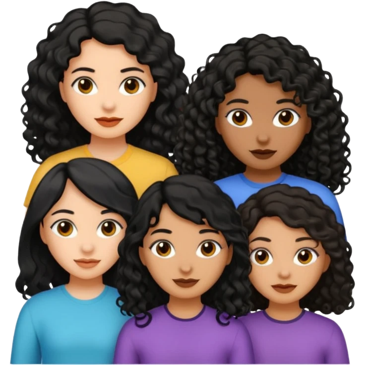 Three girls, one medium skin tone and with short black straight hair, other one with dusky skin tone and black long curly hair, and other girl with dusky skin tone and long wavy black hair  emoji