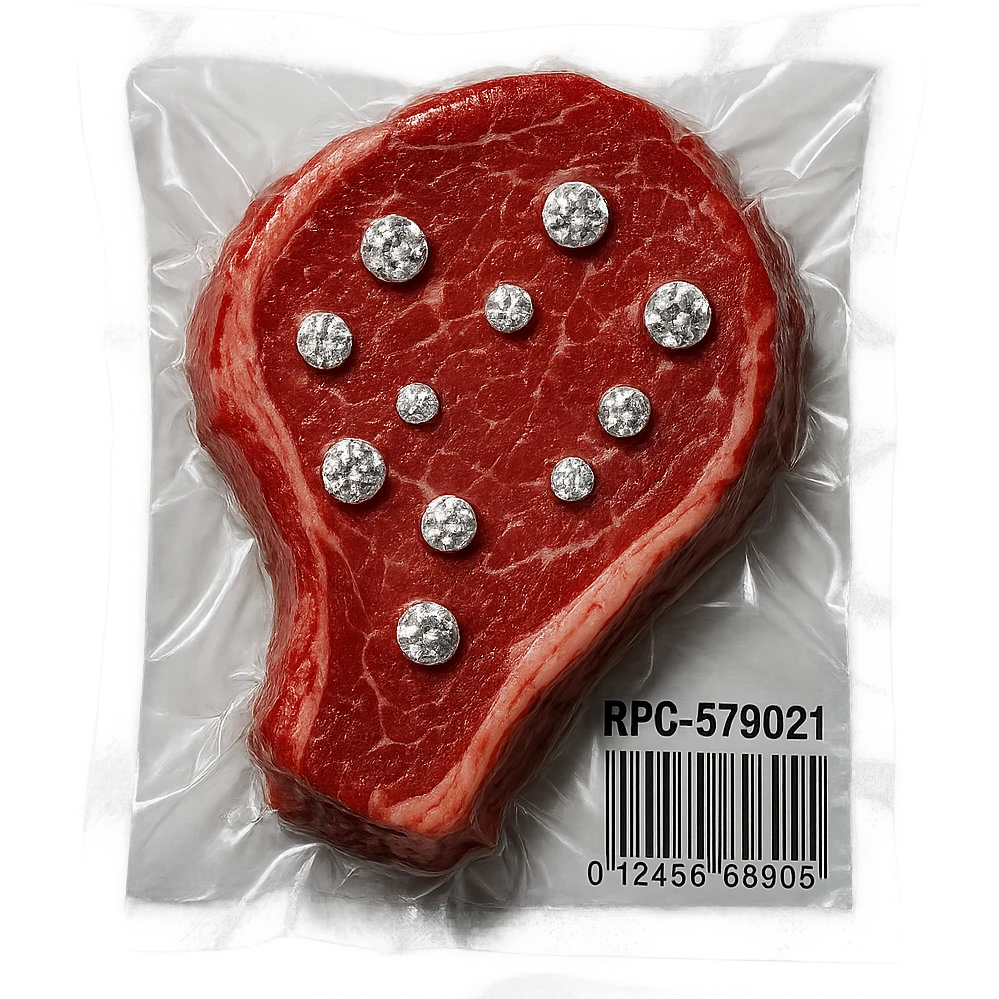 steak with sparkling diamonds embedded, glossy and puffy, vacuum-sealed style emoji