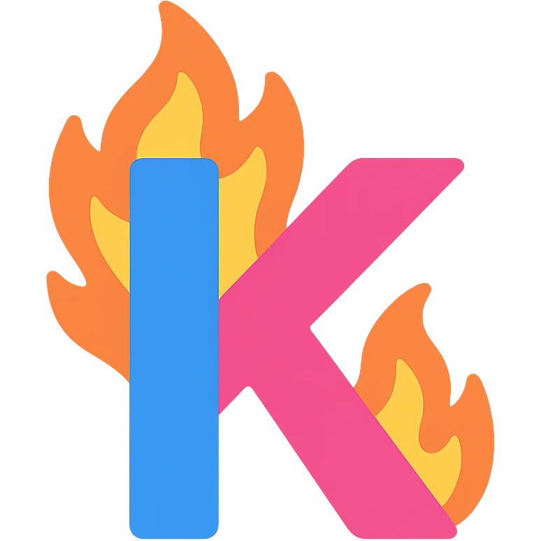 colorful letter 'K' with cartoon-style flames licking the edges emoji