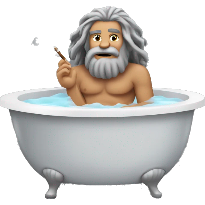 Caveman with long gray hair and a gray goatee sitting in a jacuzzi tub and smoking a joint emoji