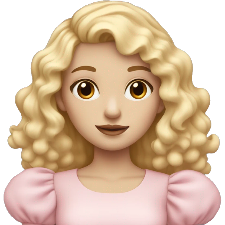pale girl with bangs and long blonde curly hair and a pastel pink puff sleeve dress emoji